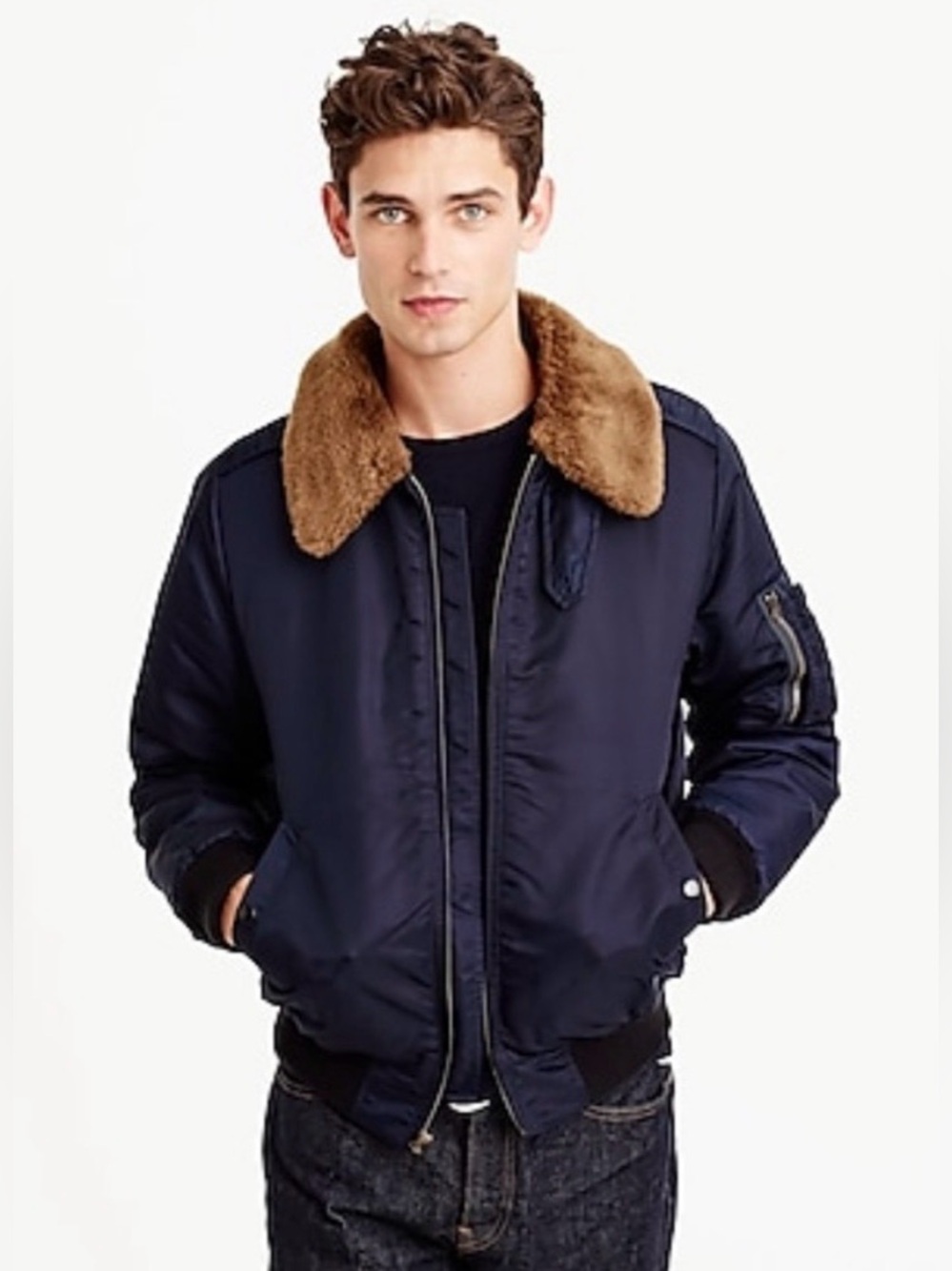 J Crew Wallace & Barnes Mens Navy Vinyl Twill Sherpa Collar Bomber Jacket, sz L